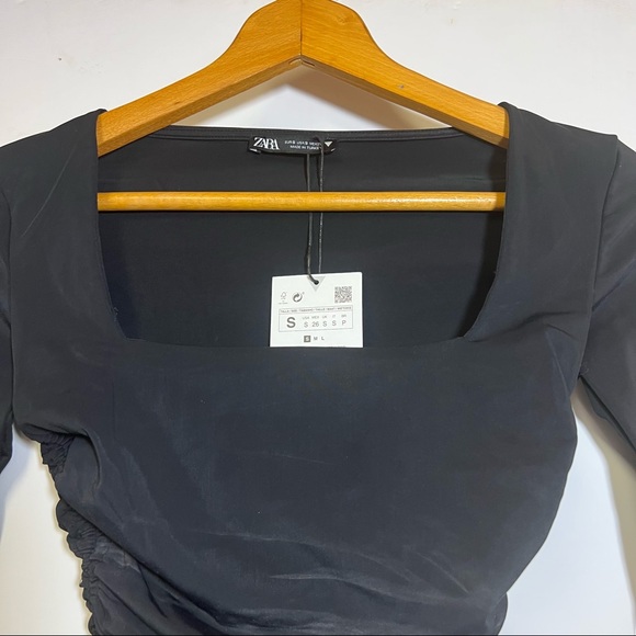 Zara Black Square Neck Ruched Gathered Sides Long Sleeve Crop Top SZ S N… - Picture 8 of 11